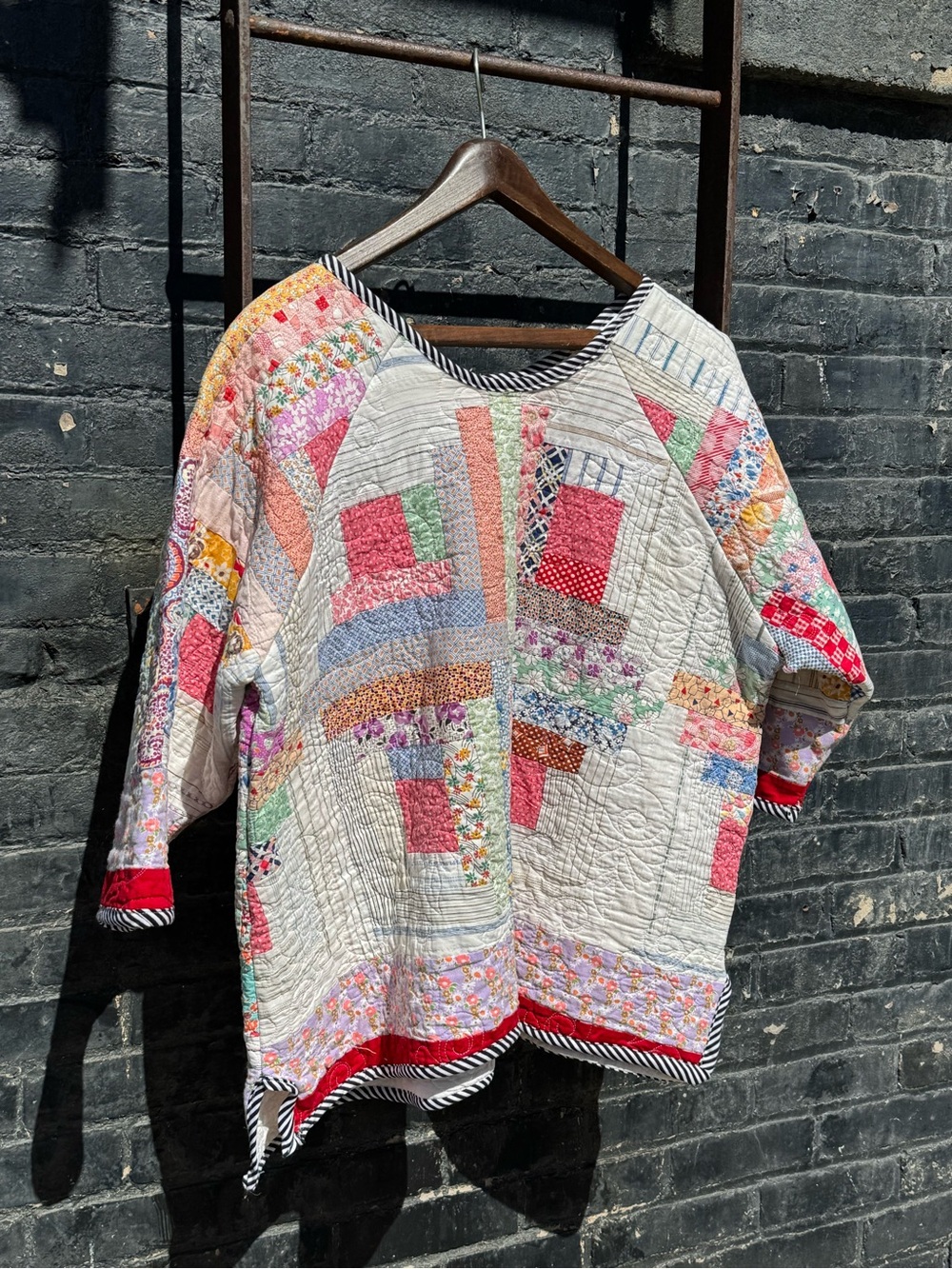 Patchwork Quilted Tunic Top in Cream with Multicolor Accents